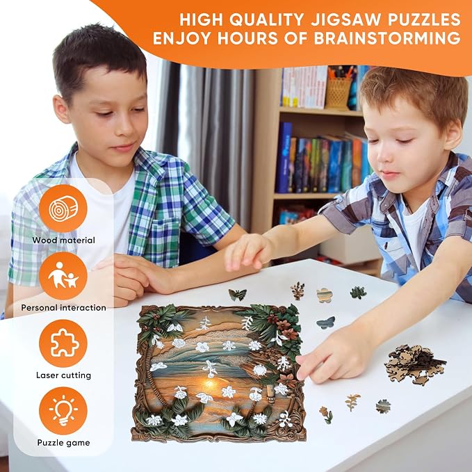 Pikoqunc Seaside Dusk Wooden Puzzles,503 Pieces16.1x15.8 Inches,Laser-Cut Art Jigsaw with Challenging Irregular Pieces,Relaxing Brain Teaser and Elegant Gift for Adults and Puzzle Lovers