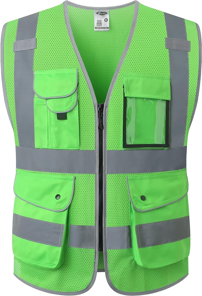 JKSafety 9 Pockets High Visibility Safety Vest for Men and Women, Hi-Vis Reflective Green Safety Vests with Zipper Front, Meet ANSI/ISEA Standards(159-Green 3XL)