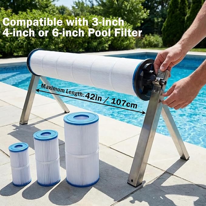 Pool Filter Cleaning Stand,Stainless Steel Pool Cartridge Filter Cleaner,360°Free Spinning Pool Cartridge Filter Cleaner for 3, 4 or 6 Inch Filters Up to 40",Cleaning Stand for Pools,Spas & Hot Tubs