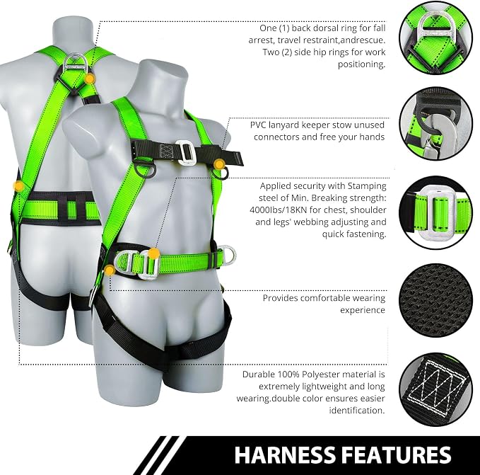 TT TRSMIMA Safety Harness Fall Protection Kit: Roofing Harness for Work | Men Construction Climbing Fall Arrest Safety Harnesses with Shock Absorbing Lanyard Rebar Hook Waist Pad