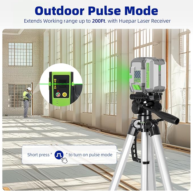 Huepar Pro Laser Level Rechargeable, Self Leveling Green Cross Line Laser Level Tool with Outdoor Pulse Mode, Compact Laser, 18-Hour Long Runtime, 360° Magnetic Bracket, Hard Carrying Case Included