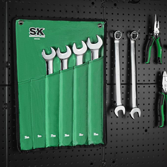 SK Long Pattern Combination Wrench Set, Metric 25 to 32mm, 6-Piece | SuperKrome Finish, Drop Forged Premium CR-V Steel, 12-Point Large Wrenches, 15-Degree Offset, with Rolling Pouch