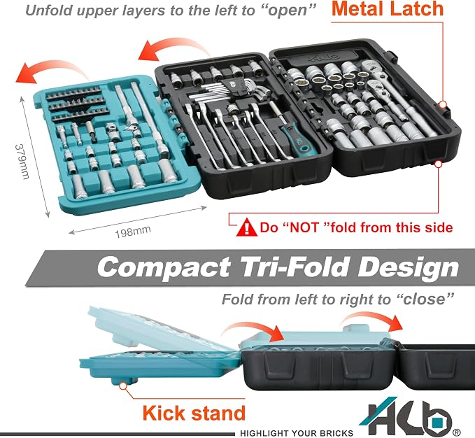 HB 100-Piece Socket Set AKX010-U, 90-Tooth Flex Head Ratchets 3/8"&1/4" Drive, Non-Slip Metric SAE Sockets, Deep & Standard, Impact Adapter, Wrenches, Torx Hex Bits, Tri-Fold Case, Made in Taiwan
