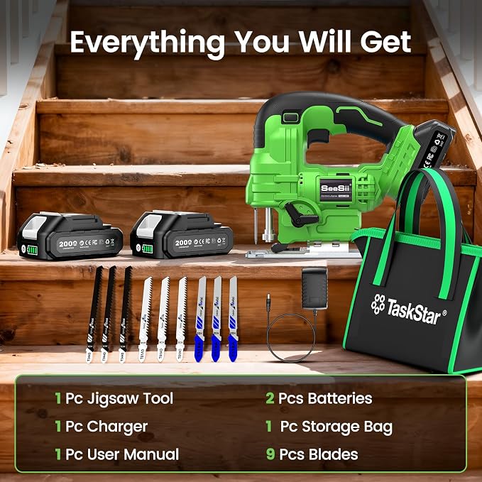 TaskStar Jig Saw - Cordless Jigsaw Saw with Batteries and Charger | Jigsaw Tool wtih 9 Blades for Wood, Metal, PVC, ±45° Bevel Cutting, 4 Orbital Actions, LED, Safety Lock, Storage Bag