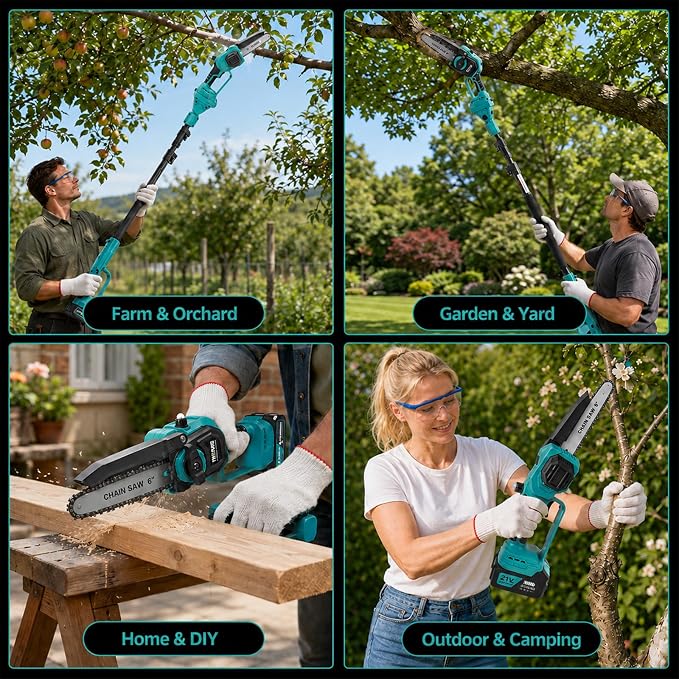 TNELTUEB 4-In-1 Cordless Pole Saw & Mini Chainsaw, 6"&8" Pole Saws For Tree Trimming with 15.6ft Extendable Pole, 180° Adjustable Angle, 1000W Brushless Motor, Electric Chainsaw with 2×4.0Ah Batteries