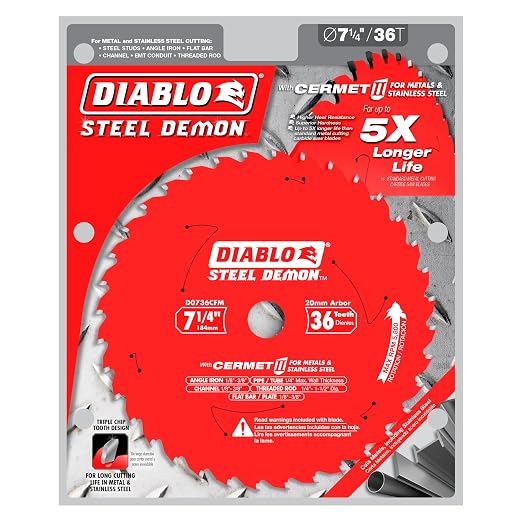 Diablo Steel Demon Cermet II Saw Blade for Thick Metal - 7" Diameter, 36 TCG Teeth, 20mm Arbor, .075" Kerf, 0° Hook Angle, .063" Plate, 5800 Max RPM - D0736CFM