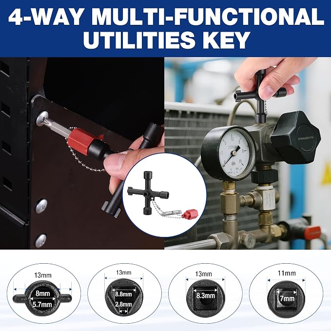 WORKPRO 17" Water Meter Key with 4 Way Utility Key, Heavy Duty Steel Water Shut Off Curb Key with Non-Slip T-Handle, Extended Reach Valve Tool for Outdoor Underground Water Valves