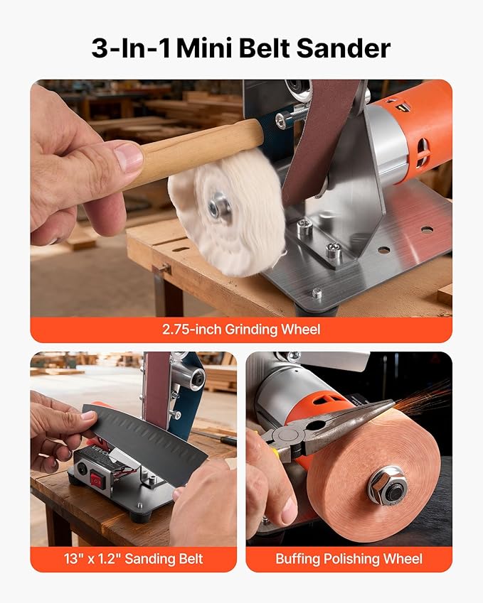 VEVOR 3-in-1 Mini Belt Sander, 13" x 1.2" Sanding Belt, 2.75" Grinding & Polishing Wheel Combo, 7-Speed Adjustable with Forward/Reverse Control for Woodworking, Jewelry Making, Knife Sharpening