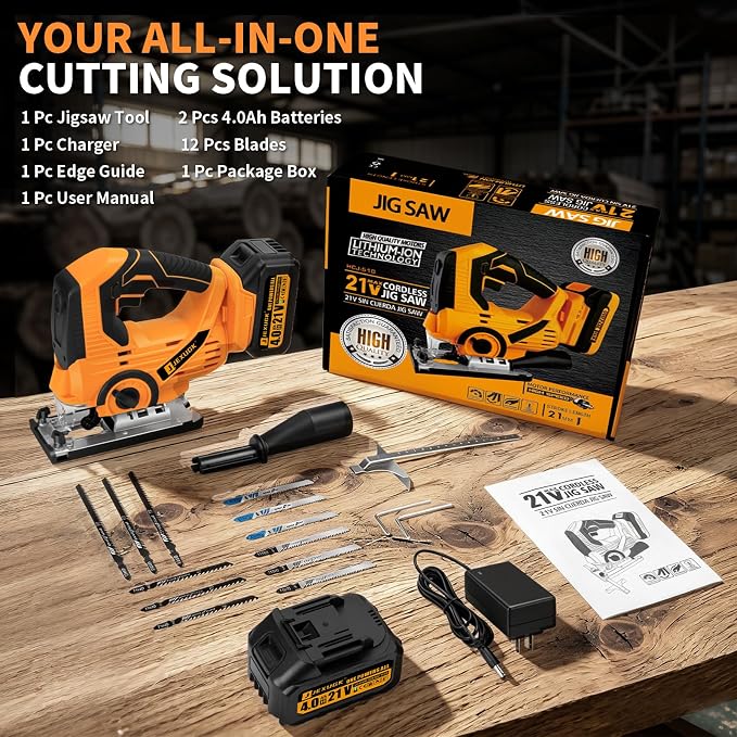 JEXUGK Cordless Jigsaw, 21V Power Jig Saw with 2 x 4.0Ah Batteries, 4 Orbital Settings, ±45° Bevel Cuts, 3200 RPM Variable Speed Jigsaw Tool with 12 Blades, Jigsaw Cutter for Wood Metal Cutting