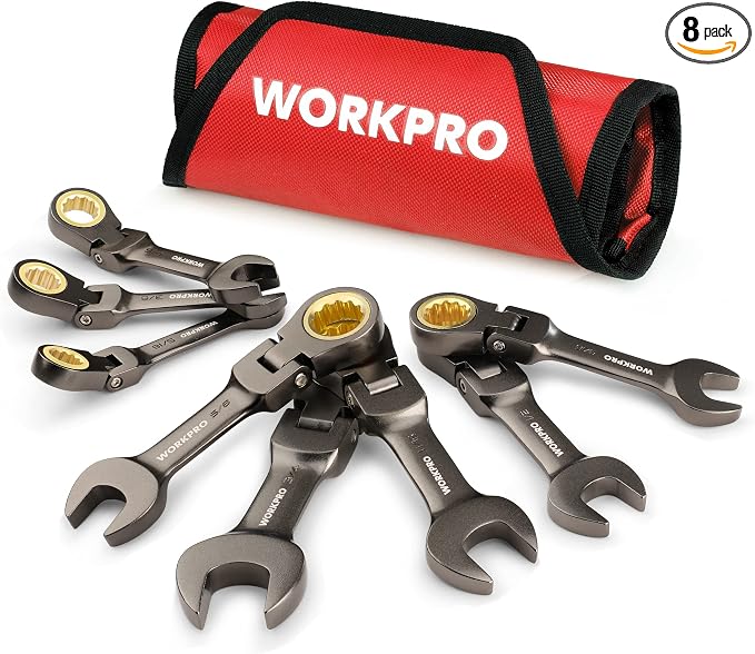 WORKPRO 8 Piece Flex Head Stubby Ratcheting Wrench Set, SAE 5/16-3/4 in | 72-tooth CR-V Wrenches with Nickel-plated Finish for Automotive, Garage and Home Repairs, Includes Rolling Pouch