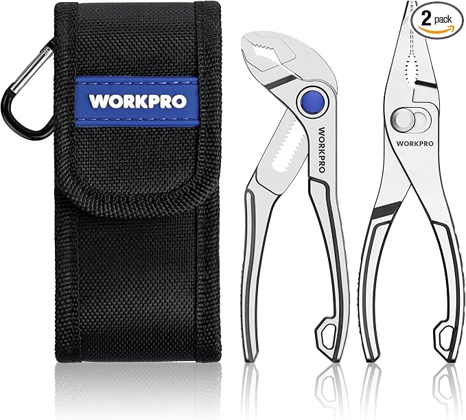 WORKPRO 2-Piece Mini Pliers Set with Pouch, 4-Inch Water Pump Plier & 4.5-Inch Long Nose Slip Joint Plier, Heavy-Duty Alloy Steel Mini Adjustable Plier, EDC Pliers for Tight Spaces & Versatile Use