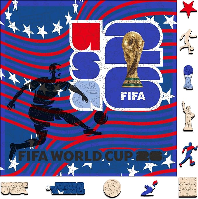FIFA USA Poster Wooden Puzzle for Adult, 200 Pieces Irregular Shape Puzzle, 5MM Thick, Creative Collectible Gift for Fans, Officially Licensed Product, 11 x 11