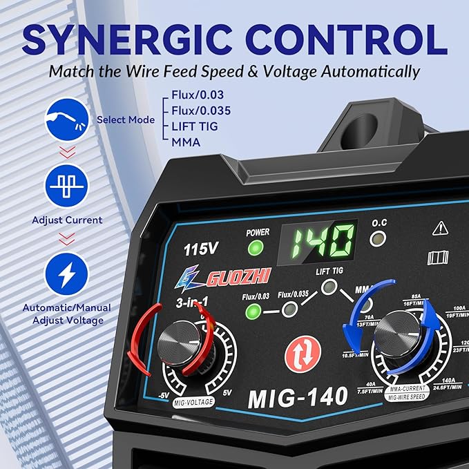 GZ GUOZHI 140A MIG Welder, 3 in 1 Welder FLUX MIG/ARC/Lift TIG Multi-Process Mig Welder, 110V Welding Machine, Welder Machine 110v Flux Core Welder with Welding Gun