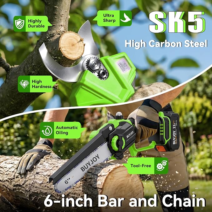 BUYJOY 2-in-1 Mini Chainsaw & Electric Pruning Shears, 1.8" Cutting Capacity, 8 Inch Cordless Chainsaw with 2 x 4.0Ah Batteries, Battery Powered Branch Cutter for Tree Trimming and Garden Pruning