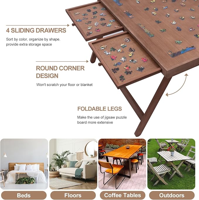 TEAKMAMA 1500Pcs Jigsaw Puzzle Table with 4 Drawers for Adults,Brown | Wooden Jigsaw Foldable Puzzle Board with legs,with Protective Cover,Multifunctional Game Table,34W x 26.3D
