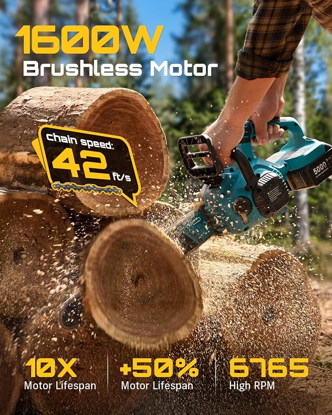 SEESII 40V 16 Inch & 12 Inch Cordless Electric Chainsaw 2×5.0Ah Batteries | 1600W Brushless Chain saw with Tool-Free Chain Tension, Auto Oiling for Tree Trimming, Firewood, Storm Cleanup,42ft/s