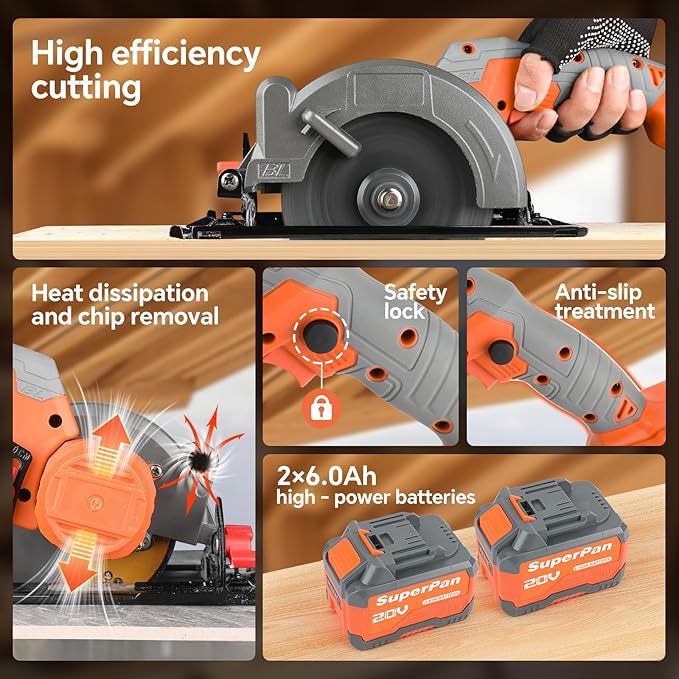 20V Mini Circular Saw Cordless,4-1/2" Compact Wireless Circular Saw 6.0Ah Battery, Fast Charger,6700 RPM, Max Cutting Depth 1-11/16"(90°), 1-1/8"(45°) with 3 Blades