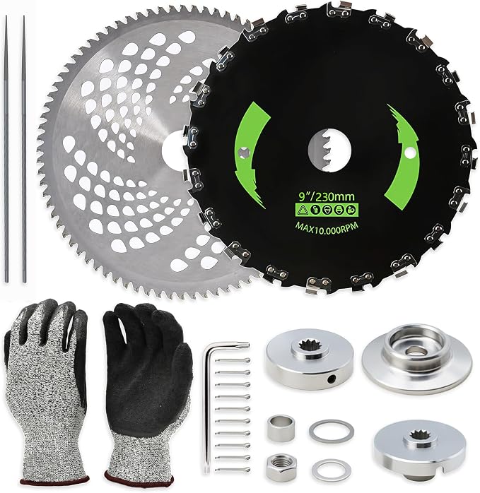 Brush Cutter Trimmer Conversion Kit with 9"x20T Carbon Steel Chainsaw Brush Cutter Blade & 10"x80T Carbide Tip Blades, Includes Files, Gloves Compatible with Echo Models SRM-225, SRM-266, SRM-280 etc
