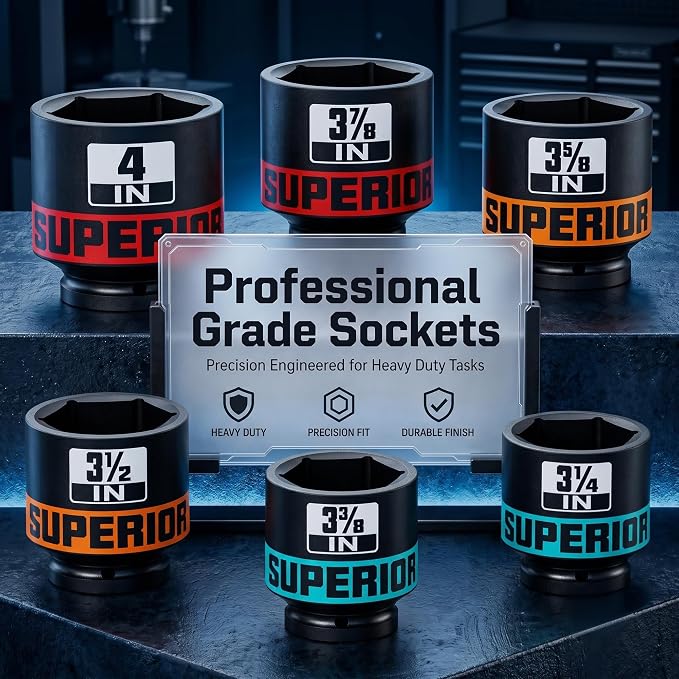 6 Piece 1”Drive Shallow Impact Socket Set, 3-1/4”-4”Axle Nut Sockets, SAE, CR-MO, 6 Point, Tools for Removing Mechanical Nuts, Large Automotive Repairs, Agricultural implement