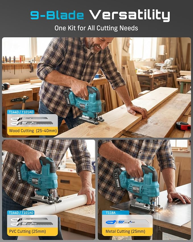 SEESII Brushless Jig Saw, Cordless Jigsaw Tool 2×4.0Ah Batteries | 0–45° Bevel Cut, 3500 SPM Variable Speed, 4 Orbital, Electric Jig Saw for Woodworking, Cutting Wood Metal PVC