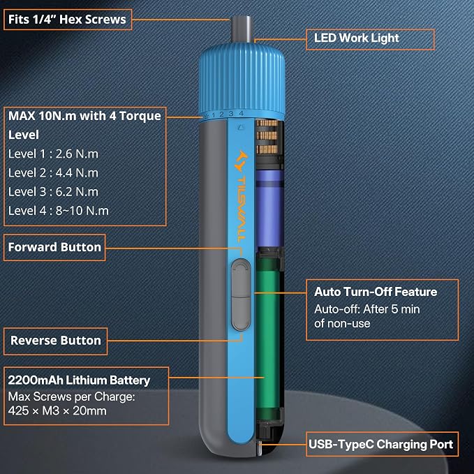 Tilswall 4V Electric Screwdriver Cordless, 10N.m High Torque /260 RPM, Cordless Screwdriver with 4-Level Control, 2200mAh USB-C Fast Charging, 25pc S2 Steel Bits for DIY and Home Repairs (Blue) -W122