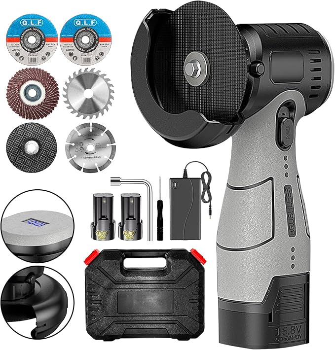 ZFULVO Brushless Cordless Angle Grinder Kit, 19500rpm Mini Electric Angle Grinding Tool with 2x16.8V 2000mAh Battery and 6-Cutting Discs, Grinder Handheld Cutter for Metal Wood