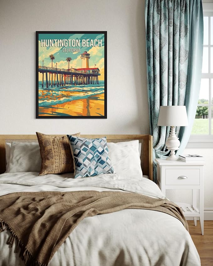 Huntington Beach California Black Framed Wall Art Print Poster, US Vintage Retro Beach Scenery Posters Prints for Restroom Home Picture Painting Artwork Gallery 219 (Huntington Beach California, 24"L x 18"W, Black Frame)