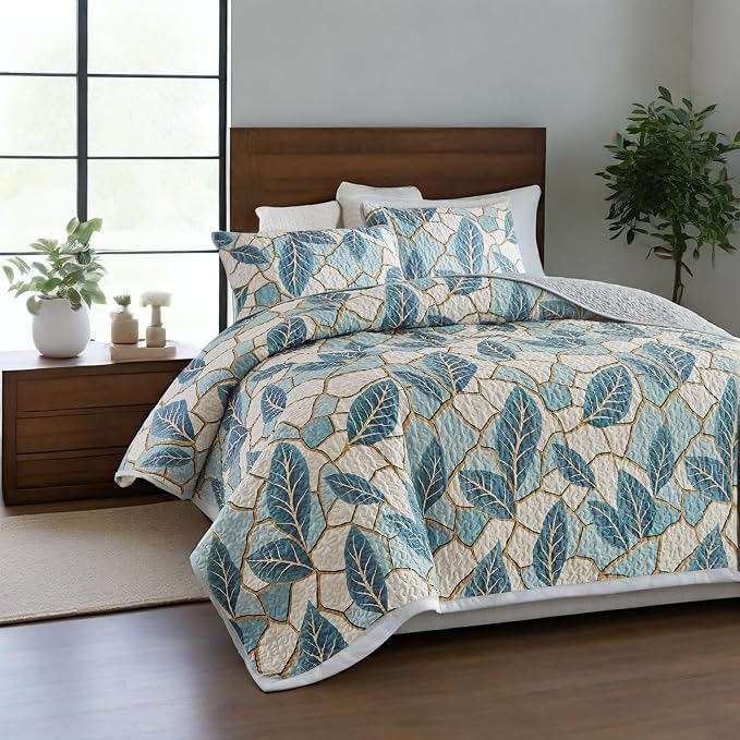 Quilts for King Bedding Set Green Bedspreads - Soft Lightweight Breathable Bedspread Comforter - Boho Cottagecore Leaves Coverlet for All Season - 3 Pieces (New-Green Leaves, King)