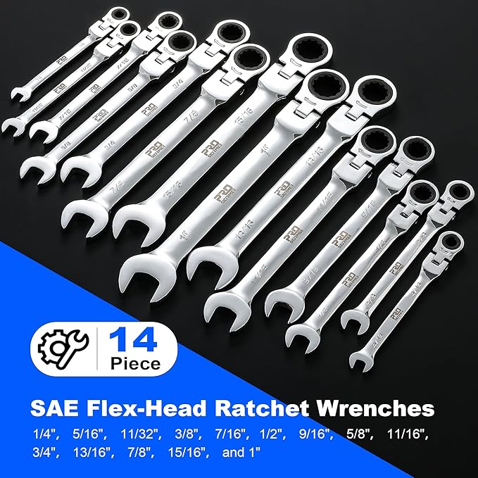 Prostormer 14-Piece SAE Flex-Head Ratcheting Wrench Set | 1/4" to 1", 72-Tooth Ratchet Gear, Cr-V Steel Constructed, Portable Tool Box Included