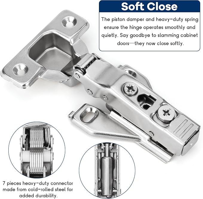 30 Pack 1/2'' Overlay Face Frame Soft Close Hidden Cabinet Hinges, 105 Degree 3D Adjustable Clip On Plate Concealed Kitchen Cupboard Door Hinges with Screws