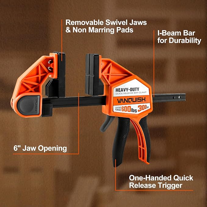 VANQUISH 6" One Hand Clamp/Spreader, 600Lbs Clamping Force, 3.4in. Throat Depth Heavy Duty Quick Release Bar Clamps, Tools & Equipment for Woodworking, Carpentry, Home Improvement, DIY