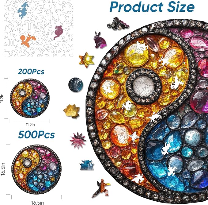 Delobil Puzzles for Adults 200 Pieces, 5MM Thick Colorful Crystal Yin-yang Wooden Puzzles, Gemstones Jigsaw Puzzles for Adults and Kids, Family Game Gift 11.2 * 11.2Inch