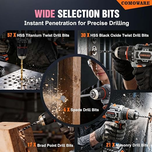 COMOWARE 246 Pcs Drill Bit Set for Cordless Drill, Drill Driver Bit Set for Wood, Metal, Masonry, Cement and Screwdriver Bits Set Combo Kit, Pink Case