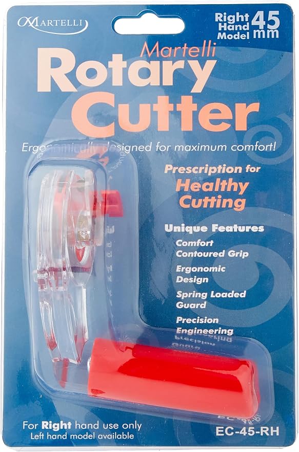 Martelli - Right Handed 45mm Ergonomic Fabric Rotary Cutter - sewing quilting fashion design - blade cover for safe pain free fabric cutting - great if you have arthritis or carpal tunnel