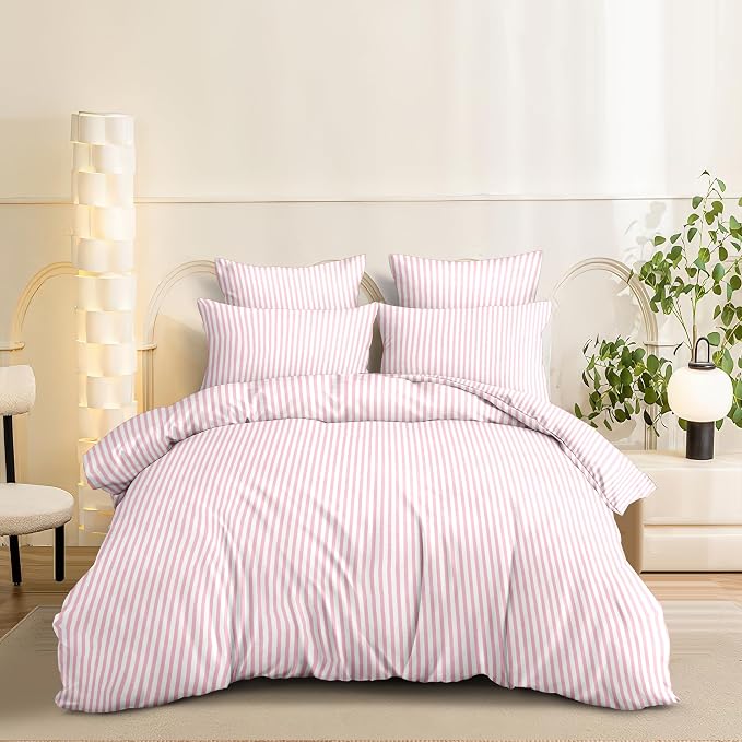 Sedefen Striped Duvet Cover King Size Pink Stripes Duvet Cover Set 3 Pcs Kids Boys Girls Women White Geometric Stripe Reversible Soft Microfiber Bedding Set with 2 Pillowcases