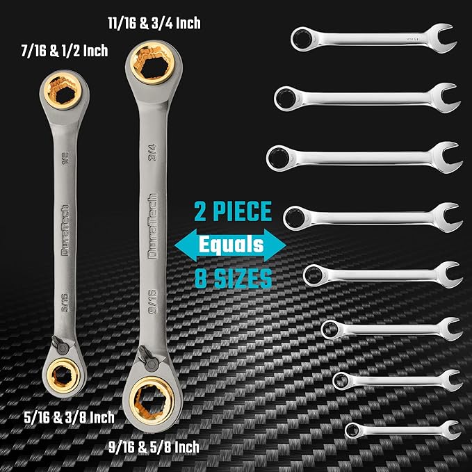 DURATECH 4-in-1 Anti-Slip Reversible Ratcheting Box Wrench Set, SAE | Double Box End, 2-Piece, 5/16", 3/8", 7/16", 1/2" & 9/16", 5/8", 11/16", 3/4", CR-V Steel, Nickel Plated, Rolling Pouch