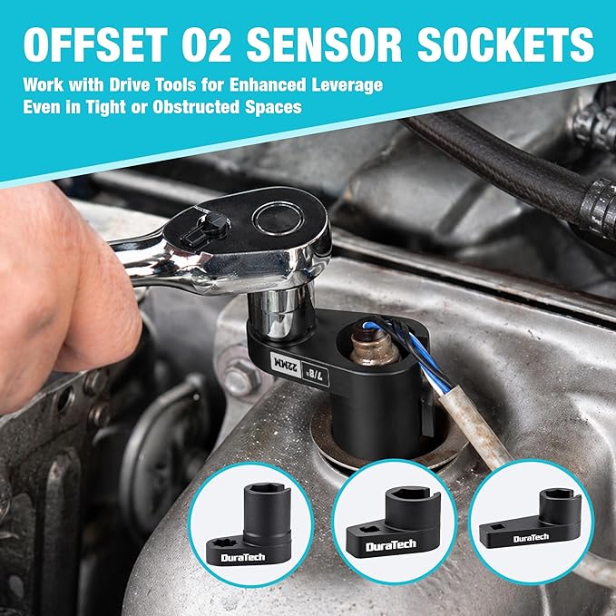 DuraTech 12-Piece Oxygen Sensor Socket Set, O2 Sensor Removal Tool Kit with with 22mm, 27mm, 29mm, 7/8" and 1-1/16" Sockets, 3/8" & 1/2" Drive, Thread Chasers, O2 Sensor Socket Set with Storage Case