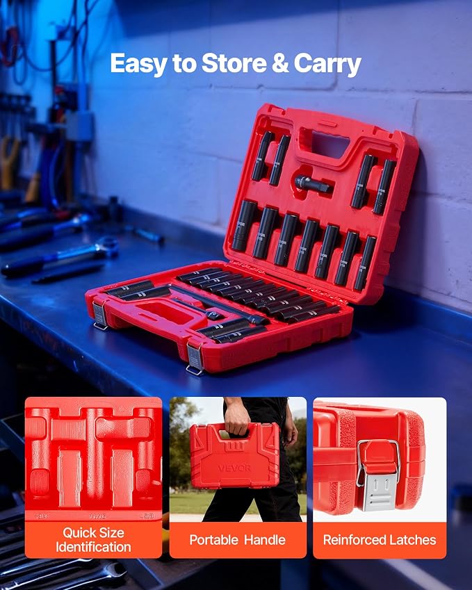 VEVOR 1/2" Drive Impact Socket Set, 29-Piece Deep Sockets | SAE (3/8 to 1 inch) and Metric (10 to 24 mm), 6 Point, CR-V Steel, Extension Bars (3", 5", 10"), Easy-to-Read Size Markings