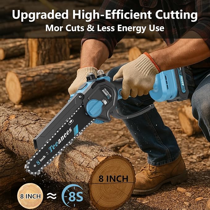 Mini Chainsaw Cordless with 2 Batteries & 8 Chains, Dual Guide Bars (8" & 6"), 1000W Electric Battery Powered Chain Saw for Tree Trimming, Wood Cutting, Garden Gift (Blue)