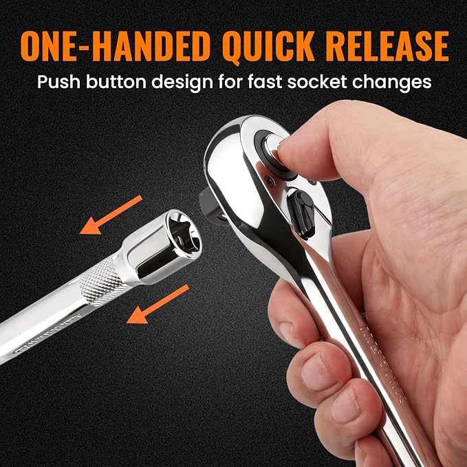 1/2“ Drive 90-Tooth Ratchet Wrench with Extension Bar | Socket Wrench, Reversible Design, Quick-Release, Cr-Mo Head, Cr-V Made, 4° Swing Arc, Full Polished