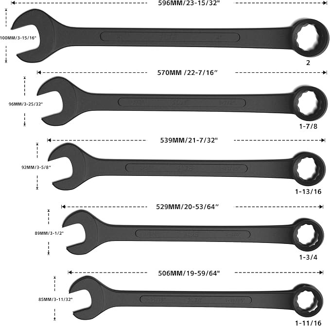 KJE 10-Piece SAE Black-Oxide Jumbo Combination Wrench Set, Open-End large Wrench, big Wrench Set, SAE Sizes 1-5/16" - 2" for Large Vehicles