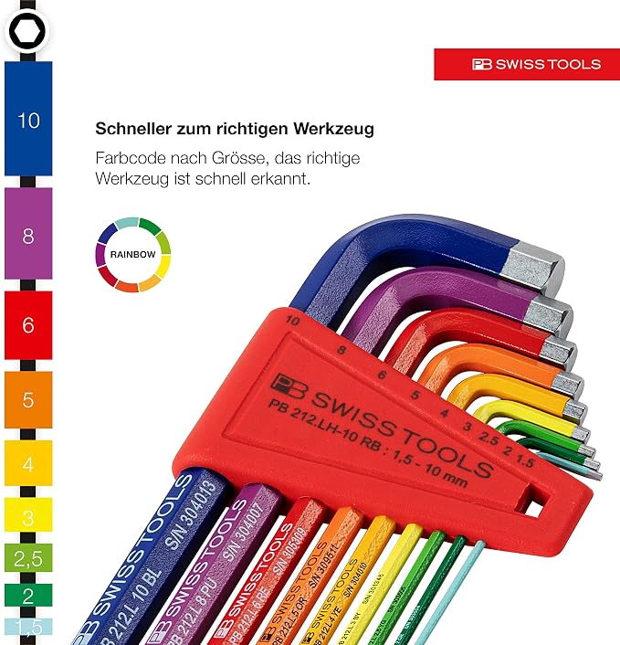 PB SWISS TOOLS 9 Rainbow Key L-Wrenches with Precisely Chamfered Edges and Colour Coded by Size, Model #210.H-10 RB, Set in a Practical Plastic Holder