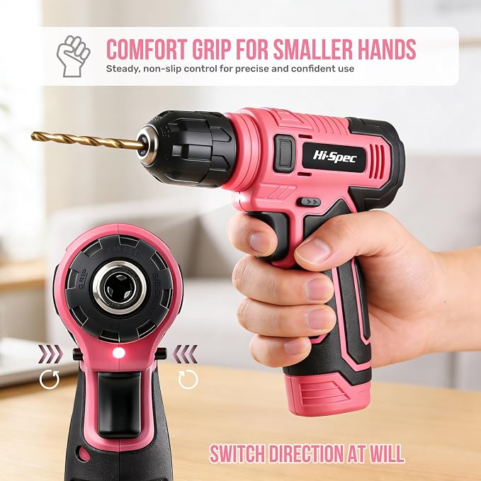 Hi-Spec Cordless Drill Set, 8V USB Pink Power Drill Driver & Screw Bit Set for Women. Ladies Cordless & Rechargeable Electric Drill Driver with Wall Hanging Kit