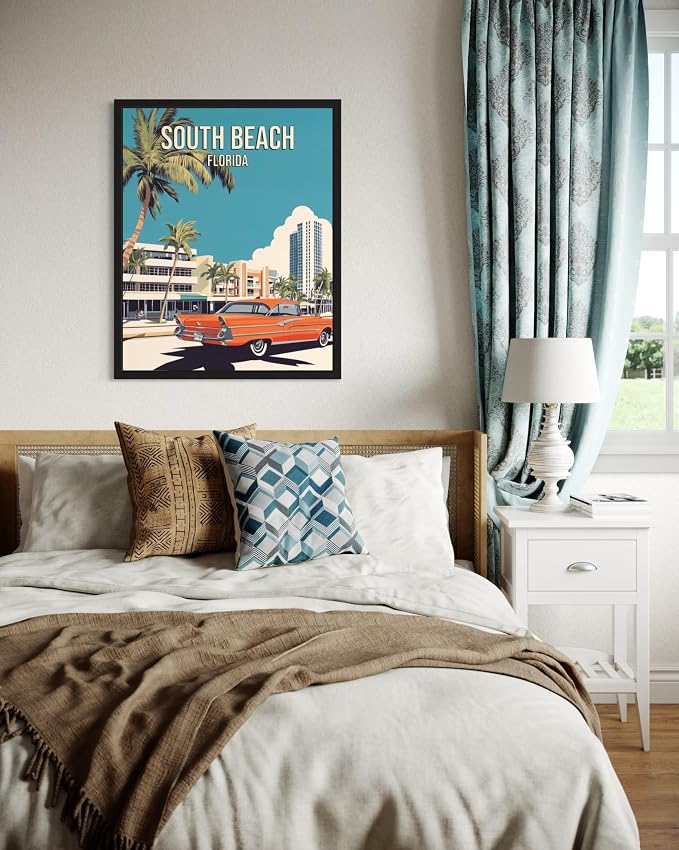 South Beach Florida Wall Art Print Poster, US Vintage Retro Beach Scenery Posters Prints for Restroom Home Picture Painting Artwork Gallery 219 (South Beach Florida, 24 x 36 inches, Unframed)