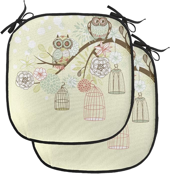 Lunarable Owls Chair Cushion Pads Set of 2, Winter Floral Background Blossoms Owls Out of Their Cages Birdcage Freedom, Anti-Slip Seat Padding for Kitchen & Patio, 16"x16", Pale Green Brown White