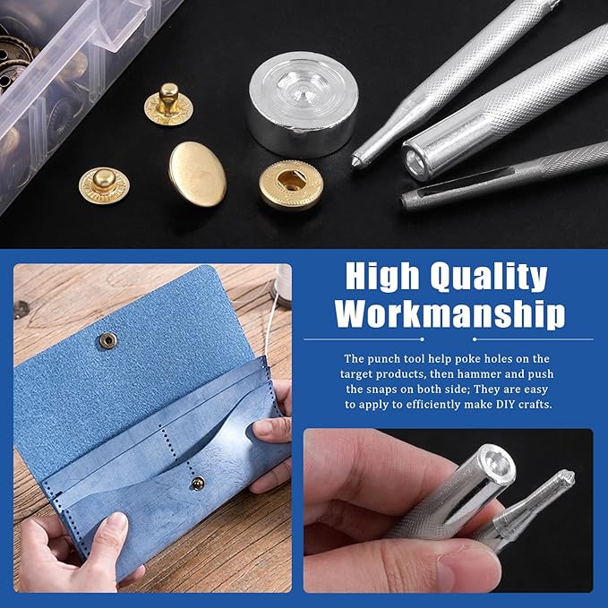 Glarks 60 Sets Leather Snap Fasteners Kit, 15mm 6 Colors Metal Snap Buttons Press Studs with 7Pcs Setting Tools, Hammer, Grease Pencils and Tape Measure for DIY Leather Craft, Clothes, Bags