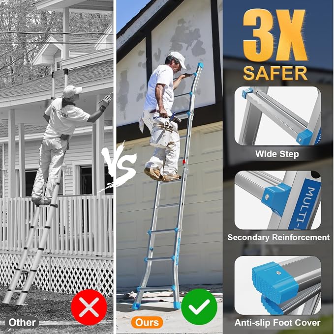 LUISLADDERS Ladder, A Frame Step Ladder Telescoping Ladder, Muti Position Folding Ladder Flared Leg & Wheels Design, 330 lbs Capacity Extension Ladder for Household Outdoor Work (13 FT)