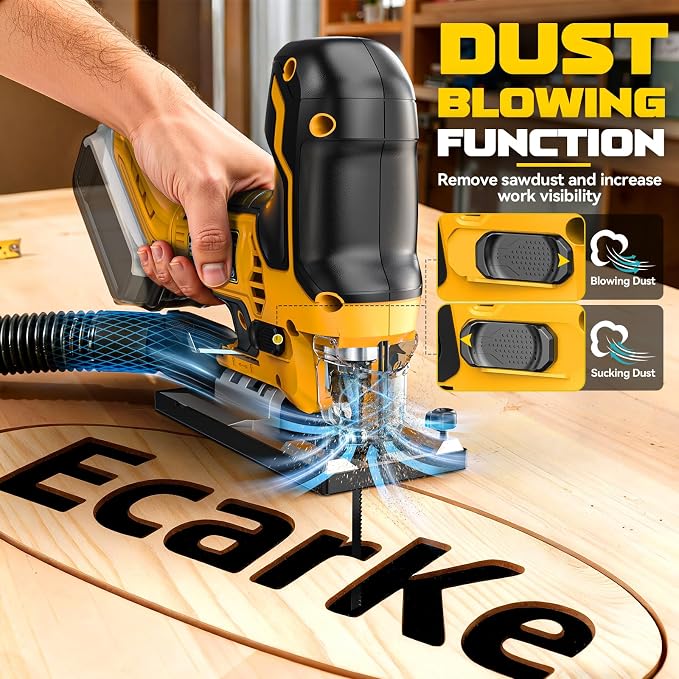 Ecarke Cordless Jig Saw Compatible With Dewalt 20V, Brushless Motor 3800RPM, 7 Speeds Dial Control, Free-Tool ±45° Bevel Cuts, 4 Orbital Action, Dust Blows and 6 Blades For Cutting, Tool Only