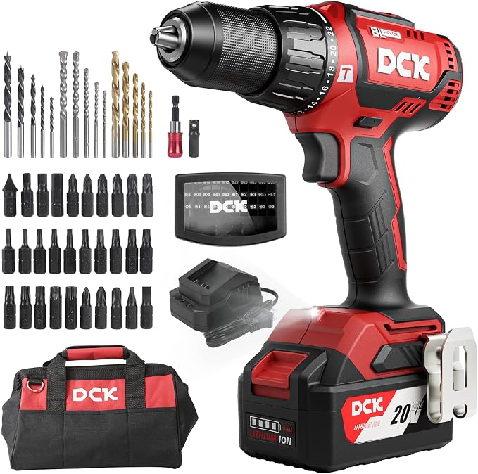 DCK 20V Brushless Hammer Drill, 531 in.lbs, 36000 BPM, 1/2" Keyless All-Metal Chuck, 4.0Ah Battery, 22+1+1 Clutch, Impact Drill Kit for Drilling Brick Wall, Metal, Wood, KDJZ05-13 (Renewed)