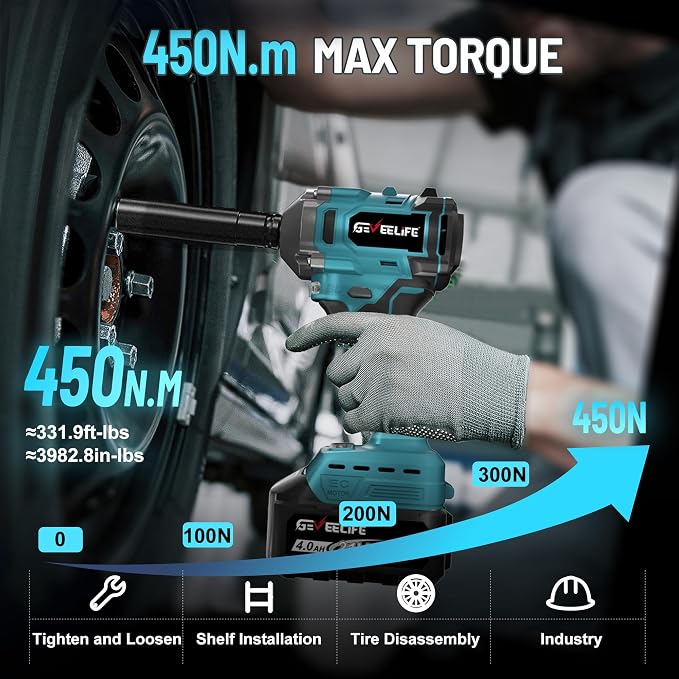 GEVEELIFE 450N.m/332Ft-lbs Brushless Impact Wrench,1/2" Cordless Impact Gun with 4.0Ah Battery & 4 Sockets, Electric Impact Driver for Car/DIY Furniture/Lawn Mower/blue (450N)